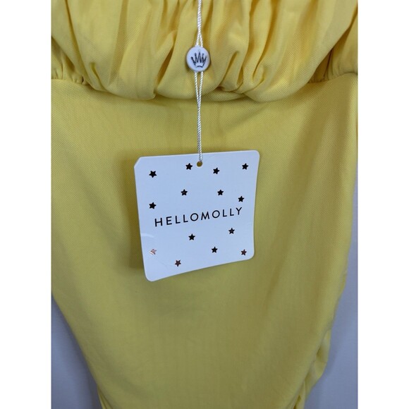 HELLO MOLLY Yellow Gathered Bust Mini Bodycon Dress Large Straps Stretch Spring - Picture 9 of 15